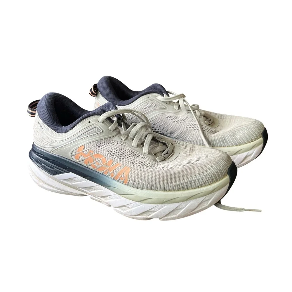 HOKA BONDI 7 Lunar Rock GRAY NAVY ORANGE Sneakers Shoes WOMEN'S 7.5 D WIDE